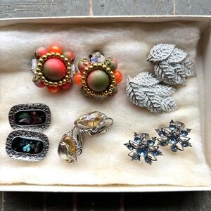 Lot Of 5 Colorful Vintage Clip On Screw back Earrings Estate